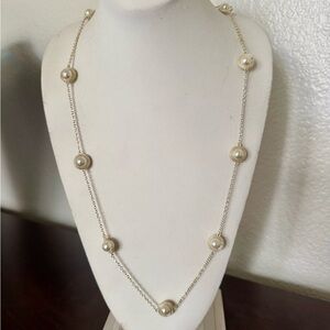 Gold Tone Faux Pearl Station Necklace